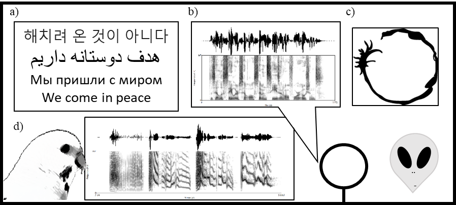 A drawing of human writing, human vocalizations, budgerigar vocalizations, and an alien symbol.